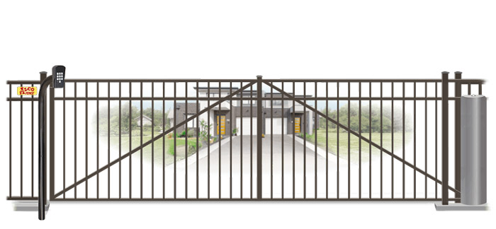 Metal sliding estate gate in closed position