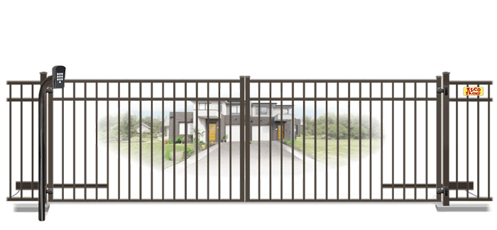 Metal swinging estate gate in closed position