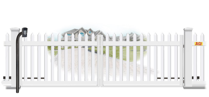 Vinyl swinging estate gate in closed position